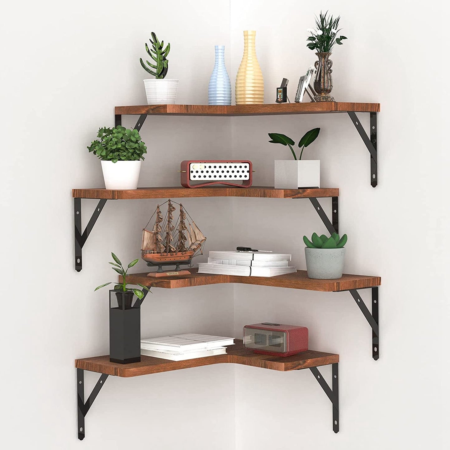 4 Pack Floating Corner Shelves - Wood & Metal Wall Mount Display Storage Shelf Organizer