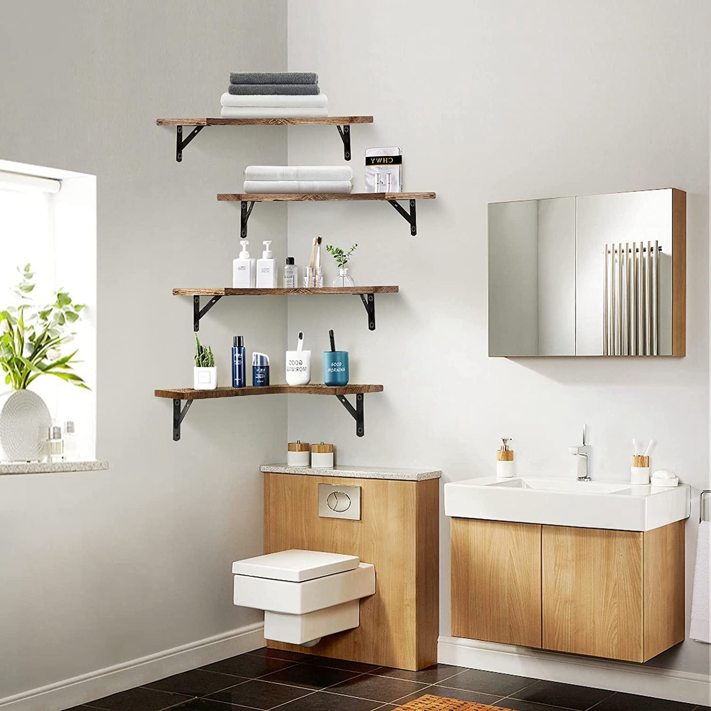 4 Pack Floating Corner Shelves - Wood & Metal Wall Mount Display Storage Shelf Organizer