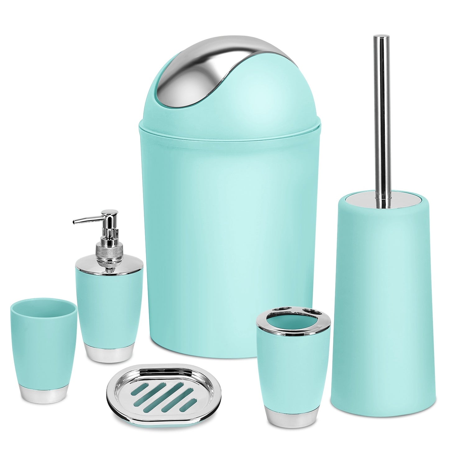 6- Piece Colorful Bathroom Accessory Set. Soap Dispenser, Soap Dish, Toothbrush Holder, Tumbler, Toilet brush & Holder, and Trash Can. Comes in 6 Colors