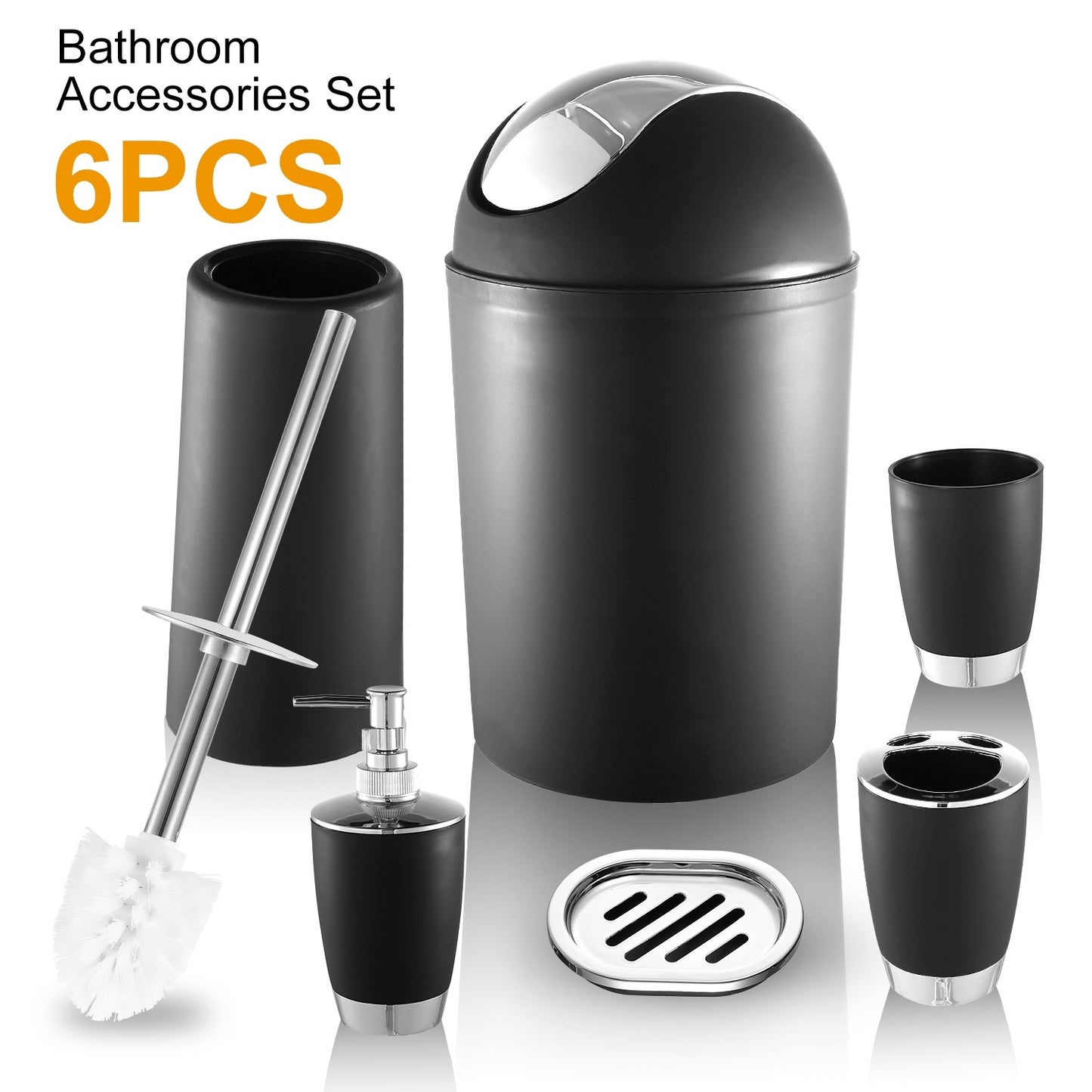 6- Piece Colorful Bathroom Accessory Set. Soap Dispenser, Soap Dish, Toothbrush Holder, Tumbler, Toilet brush & Holder, and Trash Can. Comes in 6 Colors