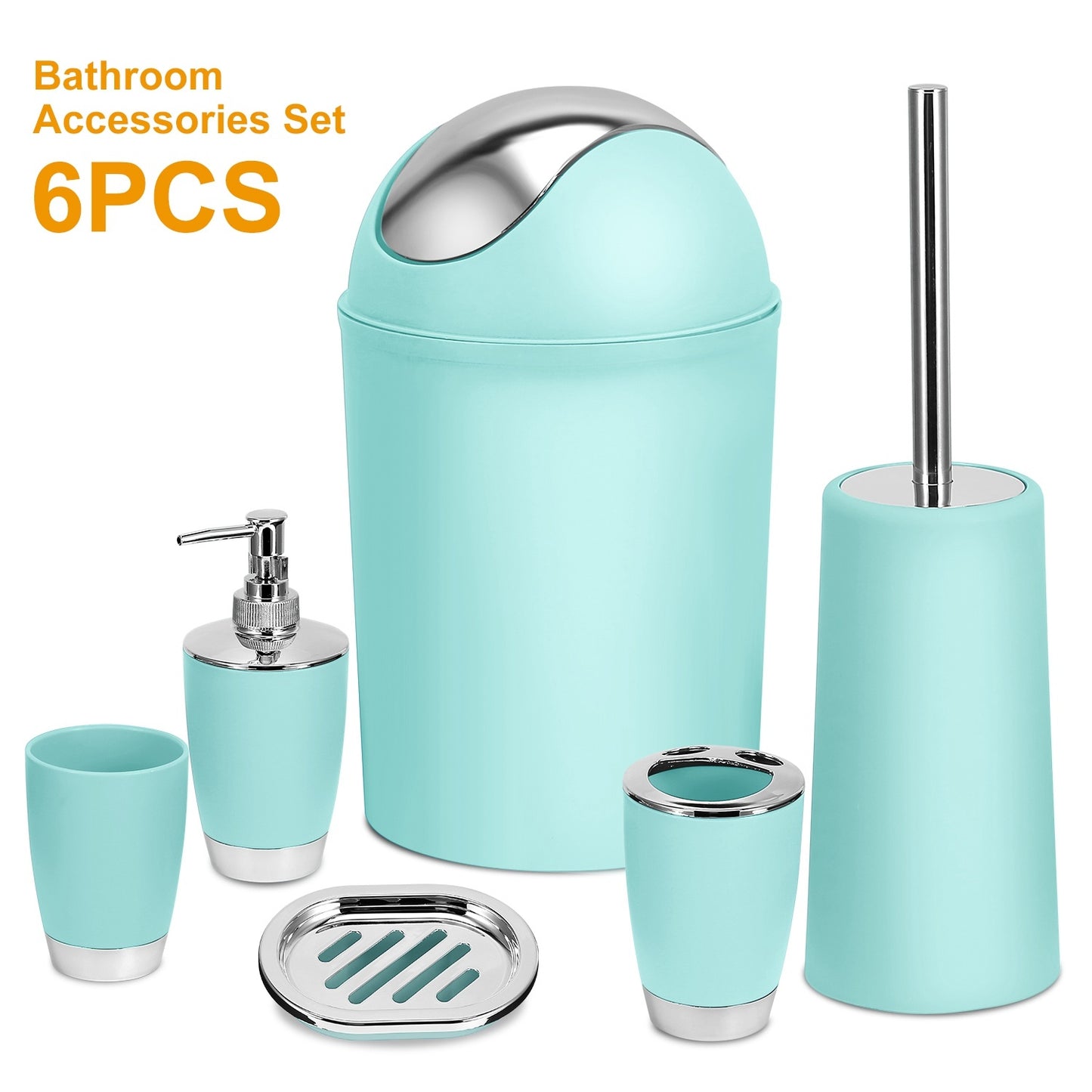 6- Piece Colorful Bathroom Accessory Set. Soap Dispenser, Soap Dish, Toothbrush Holder, Tumbler, Toilet brush & Holder, and Trash Can. Comes in 6 Colors