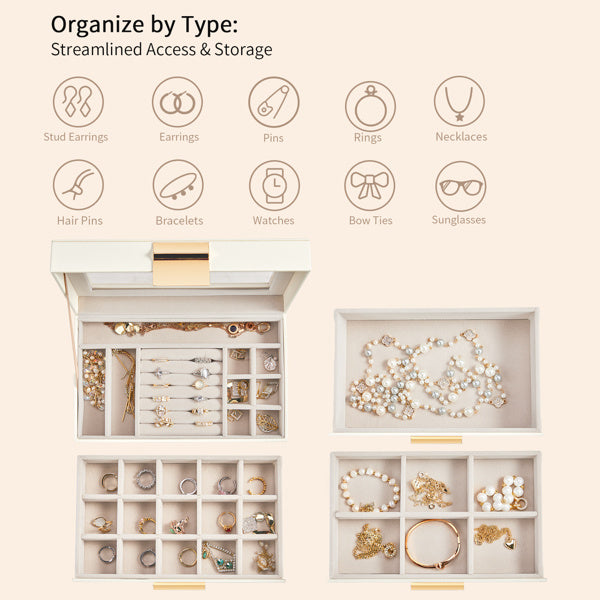 charming 3 - drawer jewelry box, featuring a pristine white exterior and luxurious velvet interior with transparent Lid