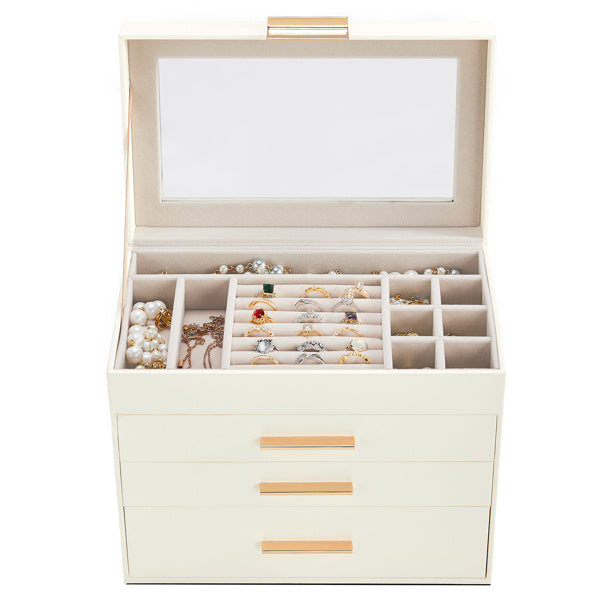 charming 3 - drawer jewelry box, featuring a pristine white exterior and luxurious velvet interior with transparent Lid