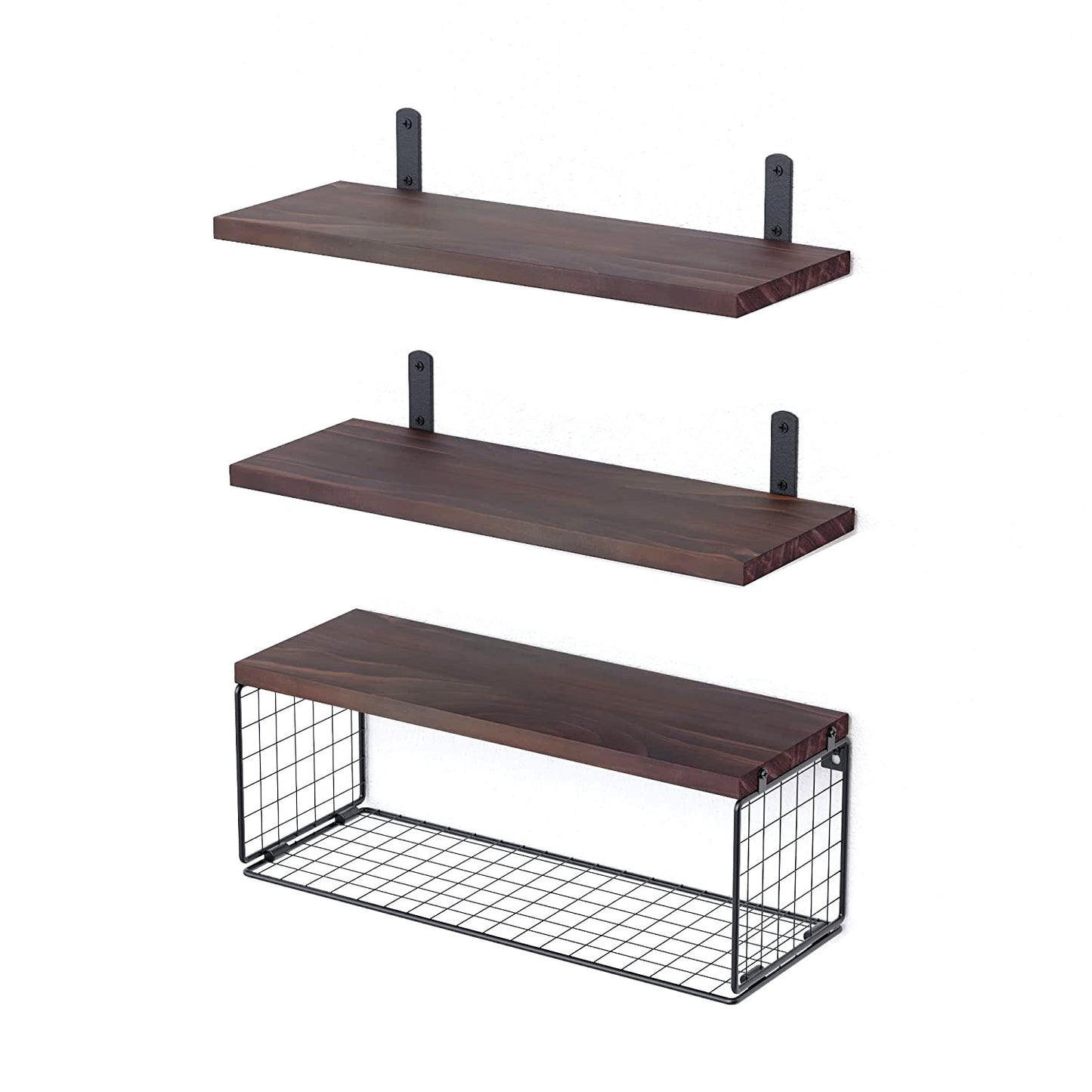 2 in 1 Floating Wall Shelf with Storage Basket - Wood and Metal Multi - Room Organizer