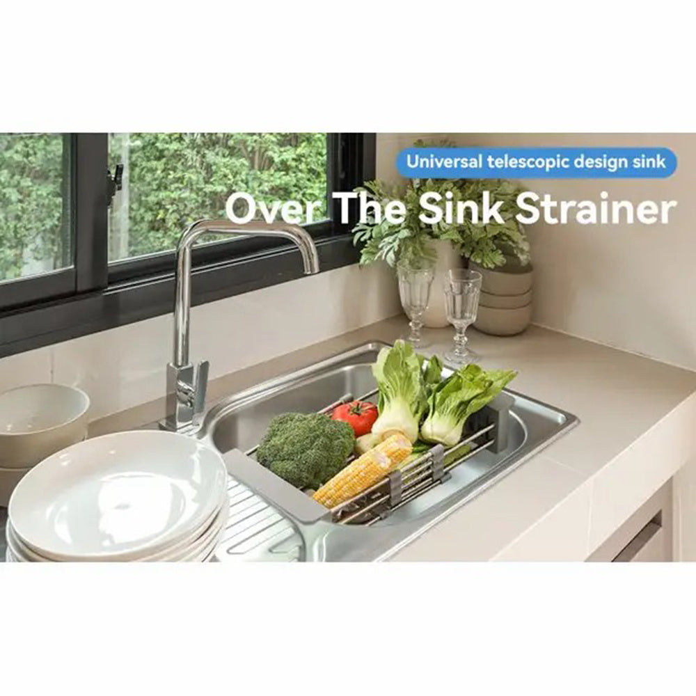Adjustable Over the Sink Dish/Vegetable & Fruit Drying Rack with Stainless Steel Drain Basket - Portable and Retractable Space-Saving