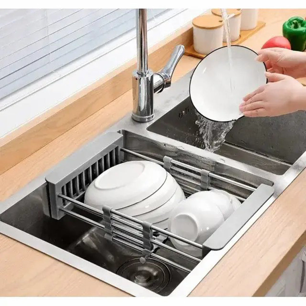 Adjustable Over the Sink Dish/Vegetable & Fruit Drying Rack with Stainless Steel Drain Basket - Portable and Retractable Space-Saving