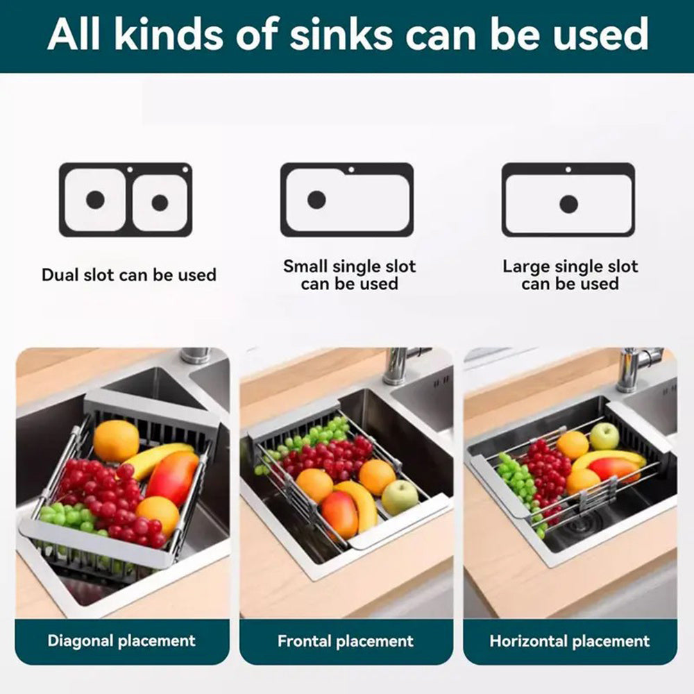 Adjustable Over the Sink Dish/Vegetable & Fruit Drying Rack with Stainless Steel Drain Basket - Portable and Retractable Space-Saving