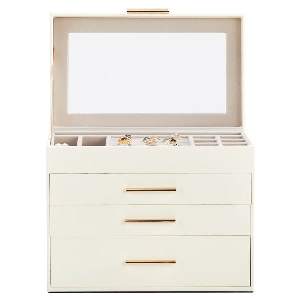 charming 3 - drawer jewelry box, featuring a pristine white exterior and luxurious velvet interior with transparent Lid