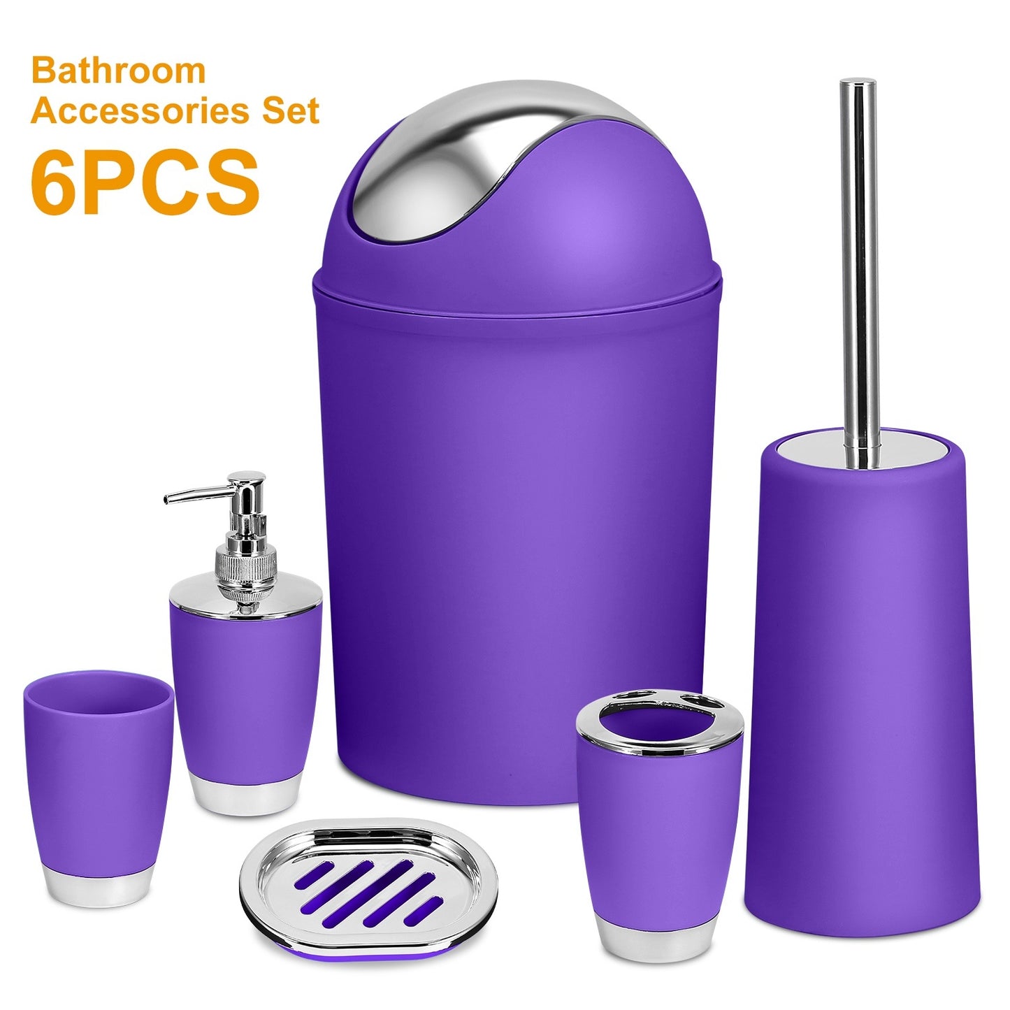 6- Piece Colorful Bathroom Accessory Set. Soap Dispenser, Soap Dish, Toothbrush Holder, Tumbler, Toilet brush & Holder, and Trash Can. Comes in 6 Colors