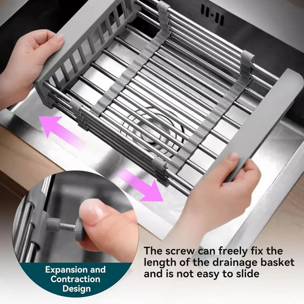 Adjustable Over the Sink Dish/Vegetable & Fruit Drying Rack with Stainless Steel Drain Basket - Portable and Retractable Space-Saving
