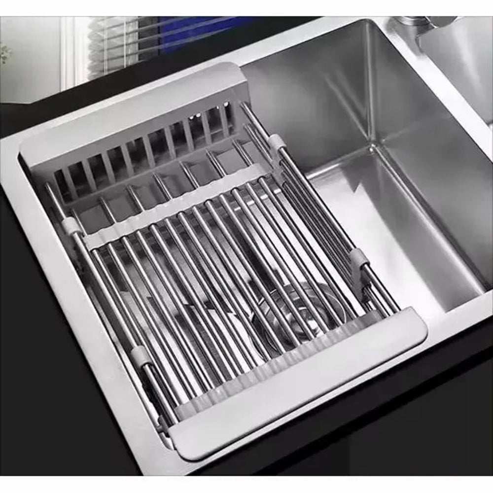 Adjustable Over the Sink Dish/Vegetable & Fruit Drying Rack with Stainless Steel Drain Basket - Portable and Retractable Space-Saving