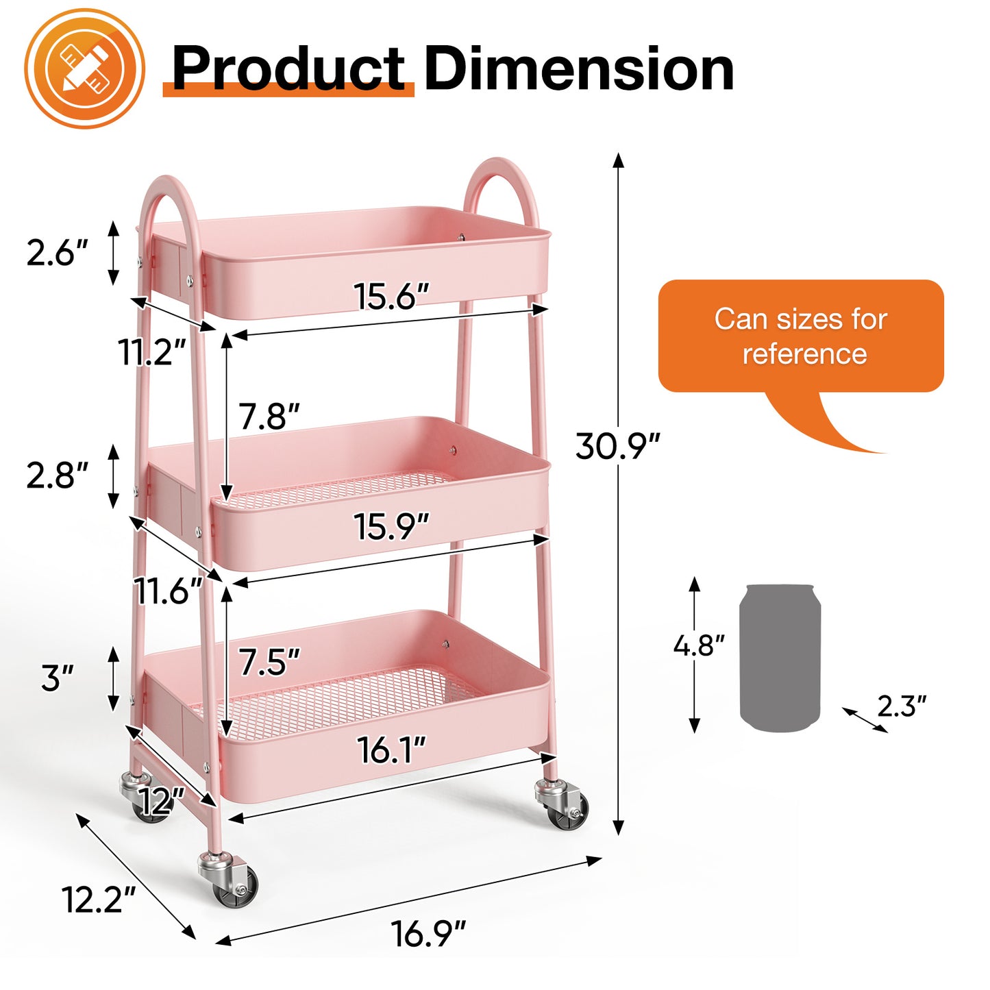 3 - Tier Metal Rolling Cart - Multi - Purpose Storage for Kitchen, Bathroom & Living Room