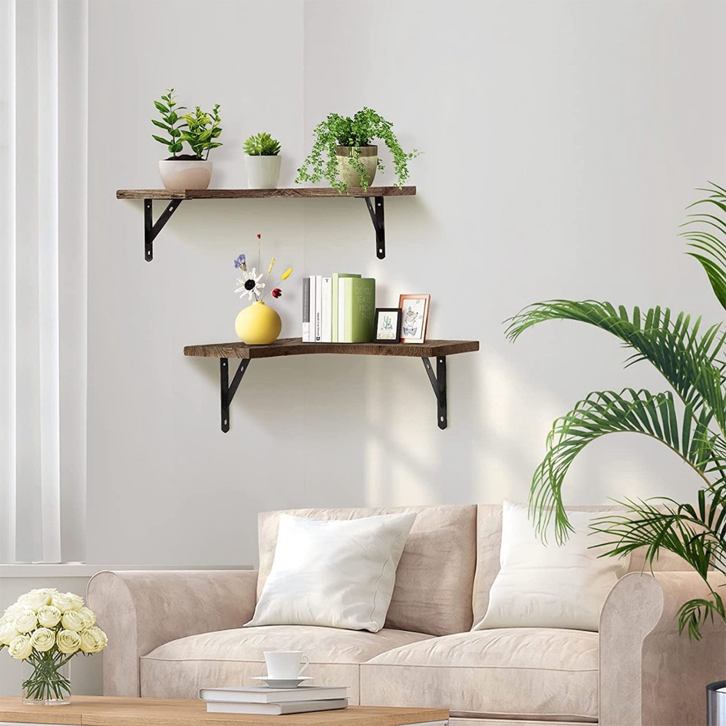 4 Pack Floating Corner Shelves - Wood & Metal Wall Mount Display Storage Shelf Organizer