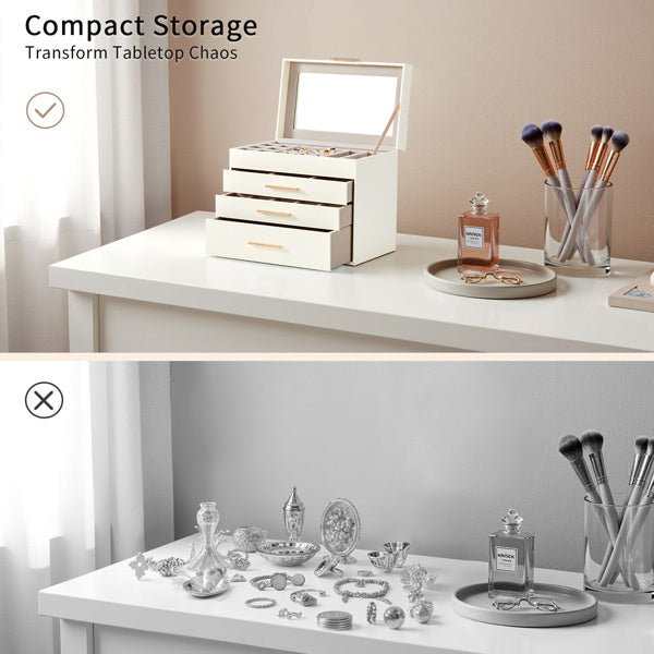 charming 3 - drawer jewelry box, featuring a pristine white exterior and luxurious velvet interior with transparent Lid