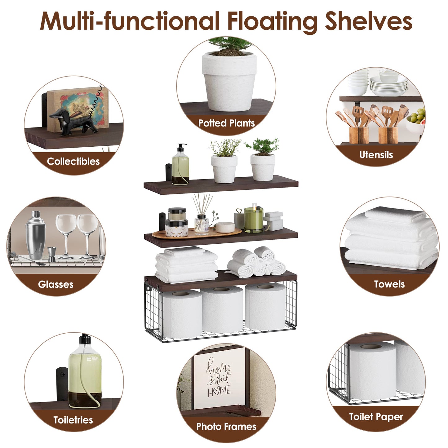 2 in 1 Floating Wall Shelf with Storage Basket - Wood and Metal Multi - Room Organizer