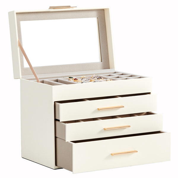 charming 3 - drawer jewelry box, featuring a pristine white exterior and luxurious velvet interior with transparent Lid