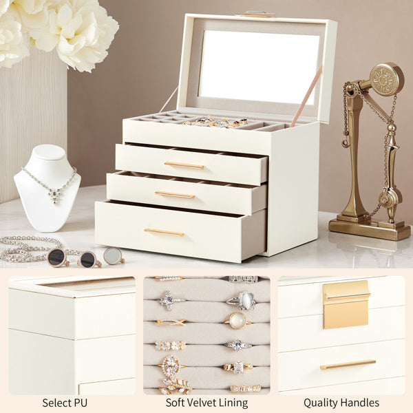 charming 3 - drawer jewelry box, featuring a pristine white exterior and luxurious velvet interior with transparent Lid