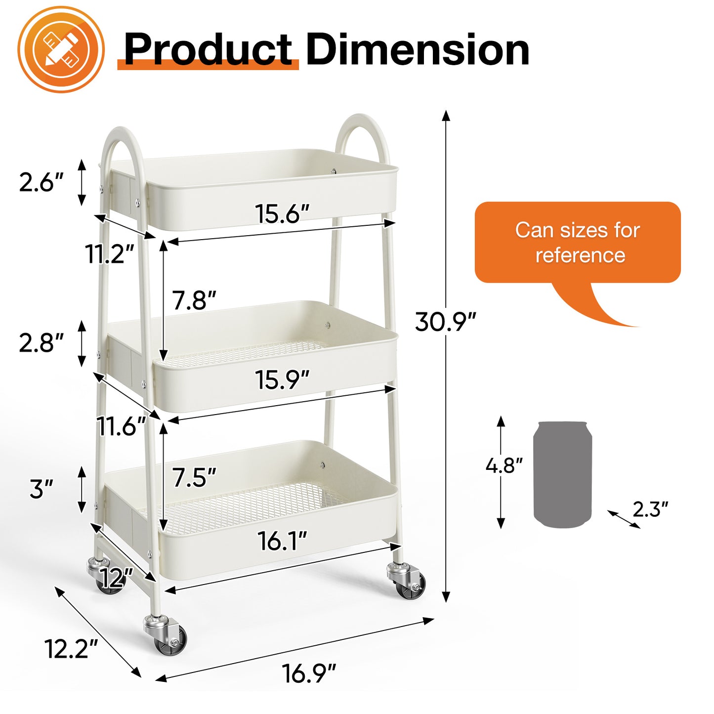 3 - Tier Metal Rolling Cart - Multi - Purpose Storage for Kitchen, Bathroom & Living Room