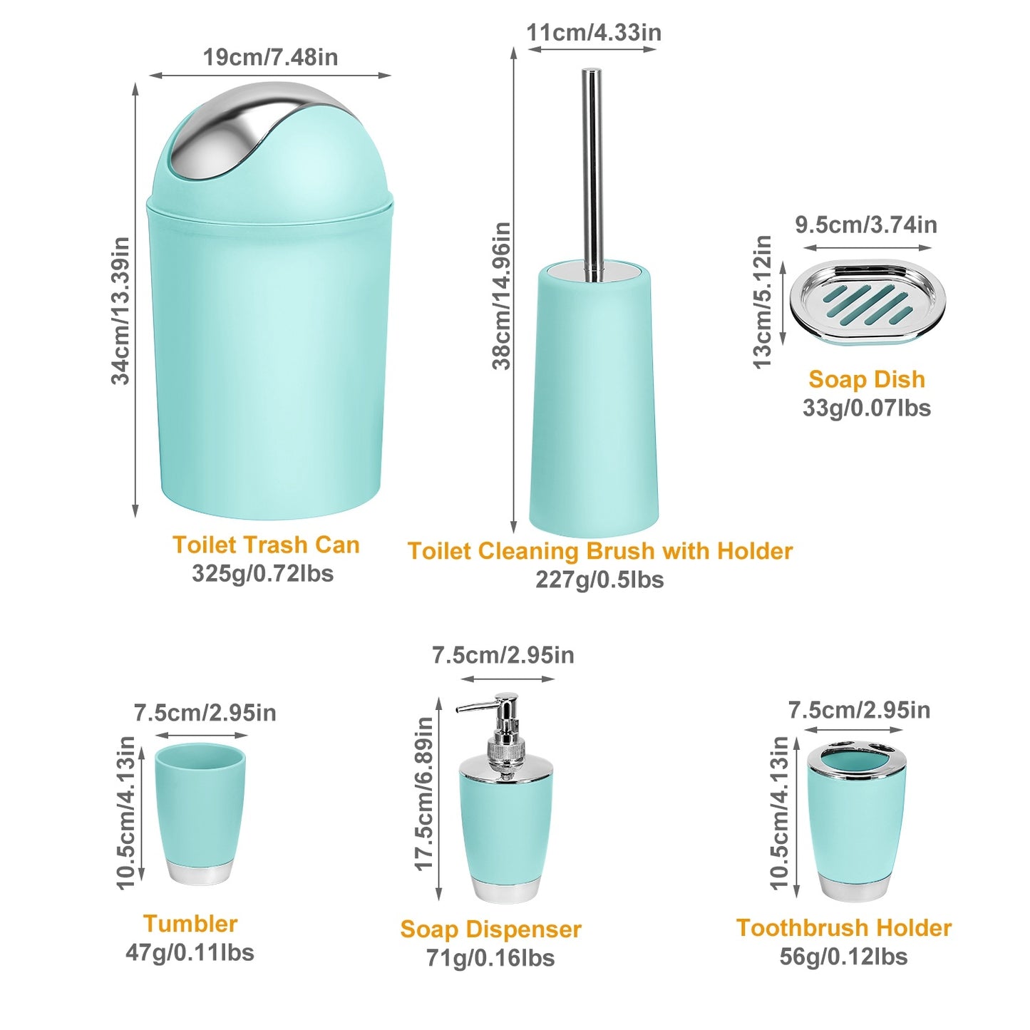 6- Piece Colorful Bathroom Accessory Set. Soap Dispenser, Soap Dish, Toothbrush Holder, Tumbler, Toilet brush & Holder, and Trash Can. Comes in 6 Colors