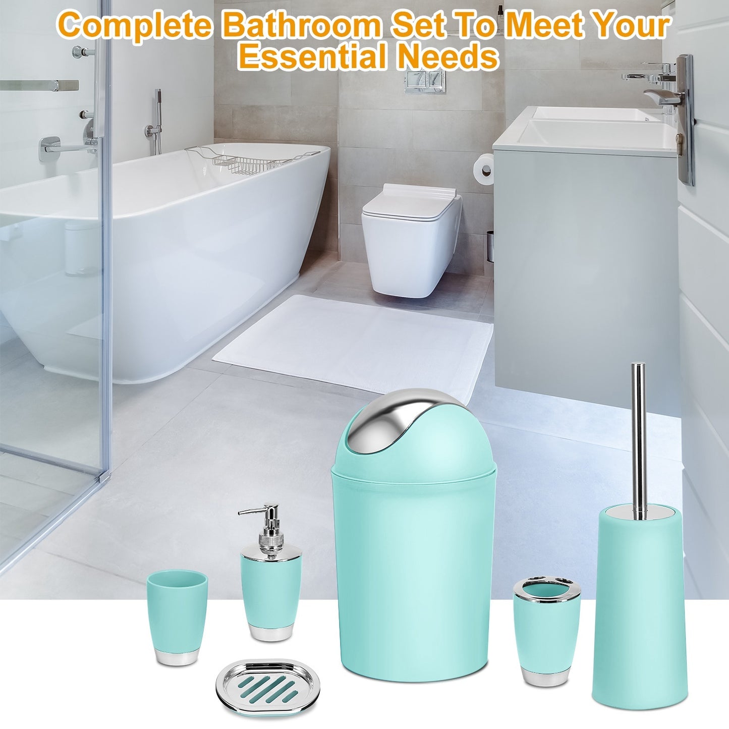 6- Piece Colorful Bathroom Accessory Set. Soap Dispenser, Soap Dish, Toothbrush Holder, Tumbler, Toilet brush & Holder, and Trash Can. Comes in 6 Colors