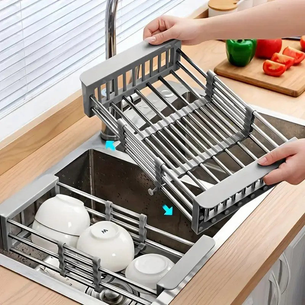 Adjustable Over the Sink Dish/Vegetable & Fruit Drying Rack with Stainless Steel Drain Basket - Portable and Retractable Space-Saving