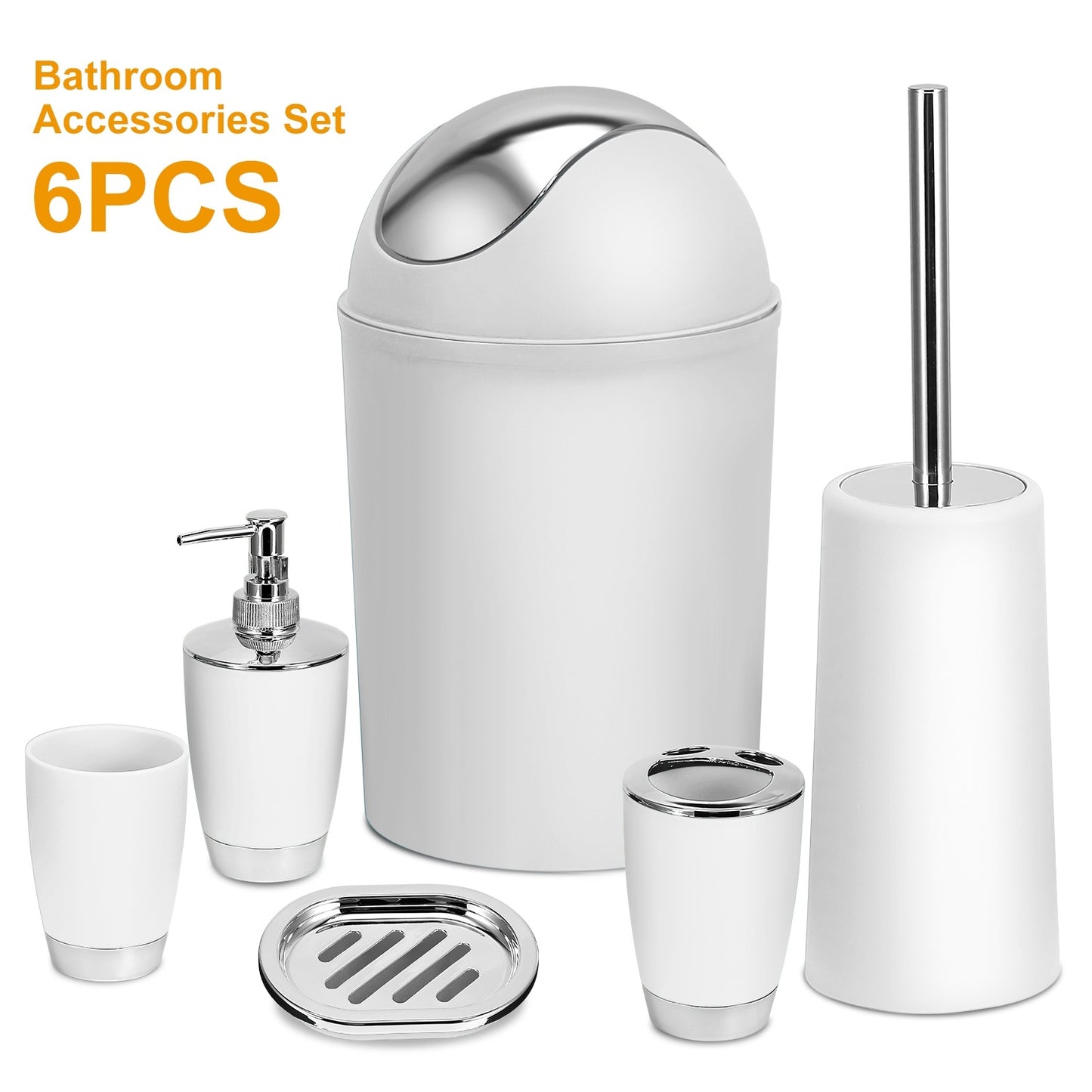 6- Piece Colorful Bathroom Accessory Set. Soap Dispenser, Soap Dish, Toothbrush Holder, Tumbler, Toilet brush & Holder, and Trash Can. Comes in 6 Colors