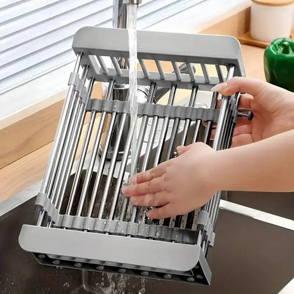 Adjustable Over the Sink Dish/Vegetable & Fruit Drying Rack with Stainless Steel Drain Basket - Portable and Retractable Space-Saving