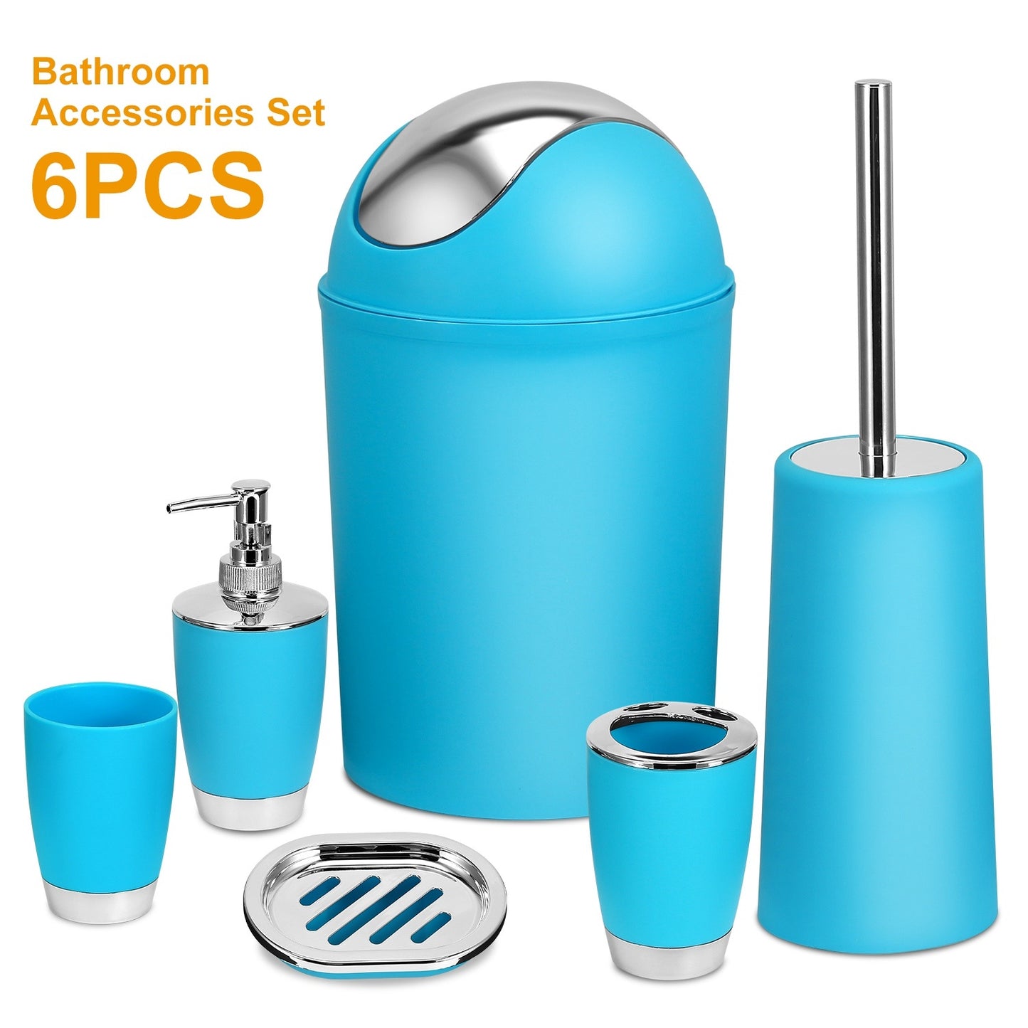 6- Piece Colorful Bathroom Accessory Set. Soap Dispenser, Soap Dish, Toothbrush Holder, Tumbler, Toilet brush & Holder, and Trash Can. Comes in 6 Colors