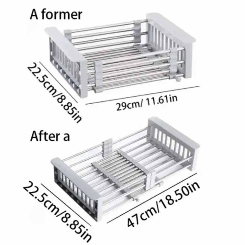 Adjustable Over the Sink Dish/Vegetable & Fruit Drying Rack with Stainless Steel Drain Basket - Portable and Retractable Space-Saving