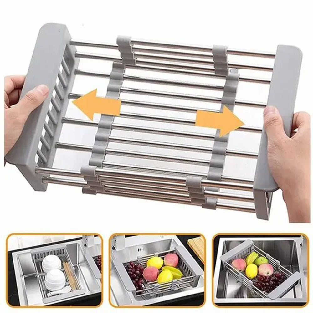 Adjustable Over the Sink Dish/Vegetable & Fruit Drying Rack with Stainless Steel Drain Basket - Portable and Retractable Space-Saving