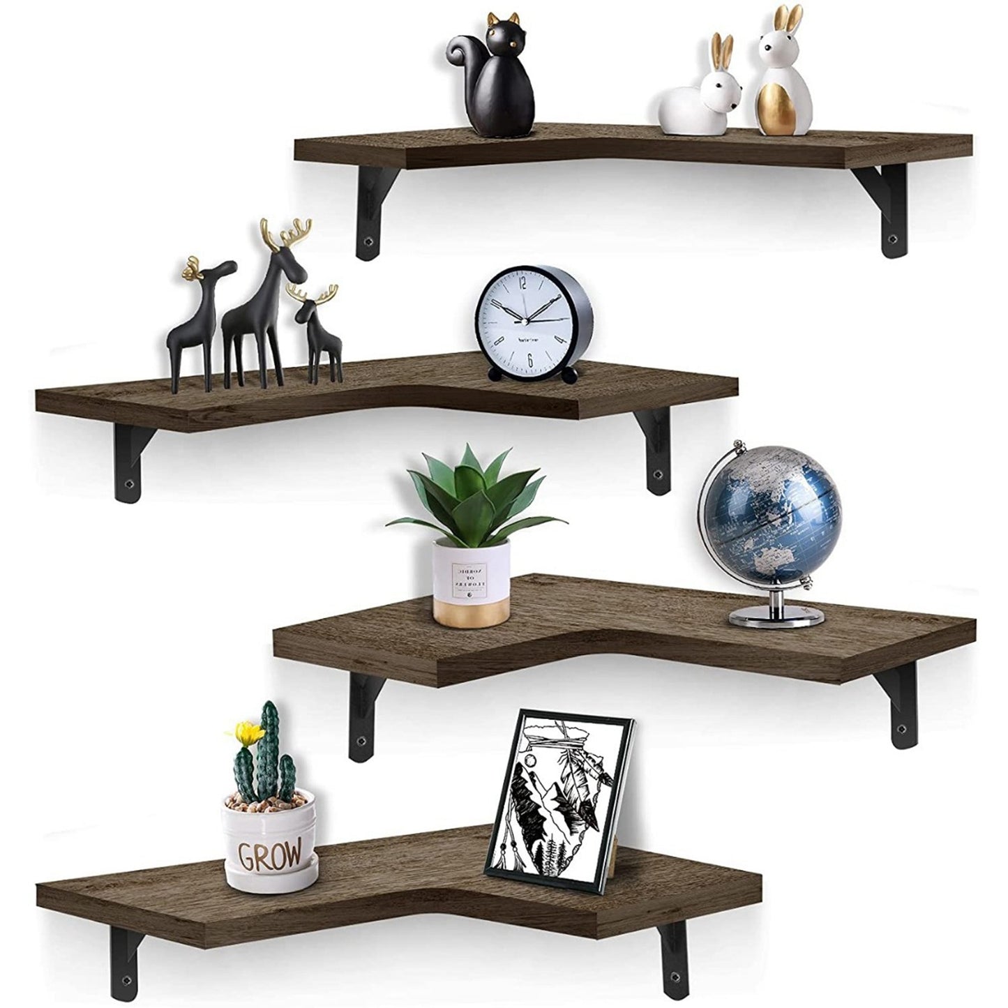 4 Pack Floating Corner Shelves - Wood & Metal Wall Mount Display Storage Shelf Organizer