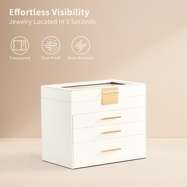 charming 3 - drawer jewelry box, featuring a pristine white exterior and luxurious velvet interior with transparent Lid