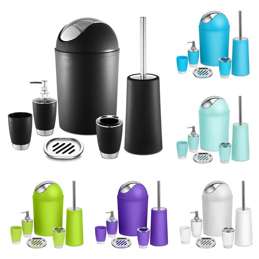 6- Piece Colorful Bathroom Accessory Set. Soap Dispenser, Soap Dish, Toothbrush Holder, Tumbler, Toilet brush & Holder, and Trash Can. Comes in 6 Colors