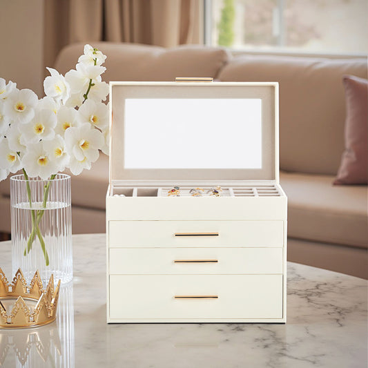 charming 3 - drawer jewelry box, featuring a pristine white exterior and luxurious velvet interior with transparent Lid