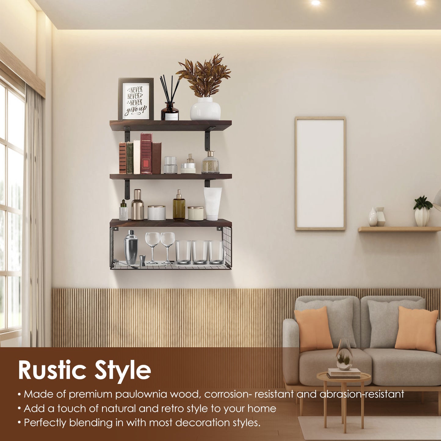 2 in 1 Floating Wall Shelf with Storage Basket - Wood and Metal Multi - Room Organizer