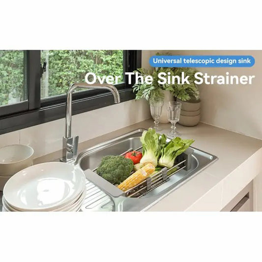 Adjustable Over the Sink Dish/Vegetable & Fruit Drying Rack with Stainless Steel Drain Basket - Portable and Retractable Space-Saving
