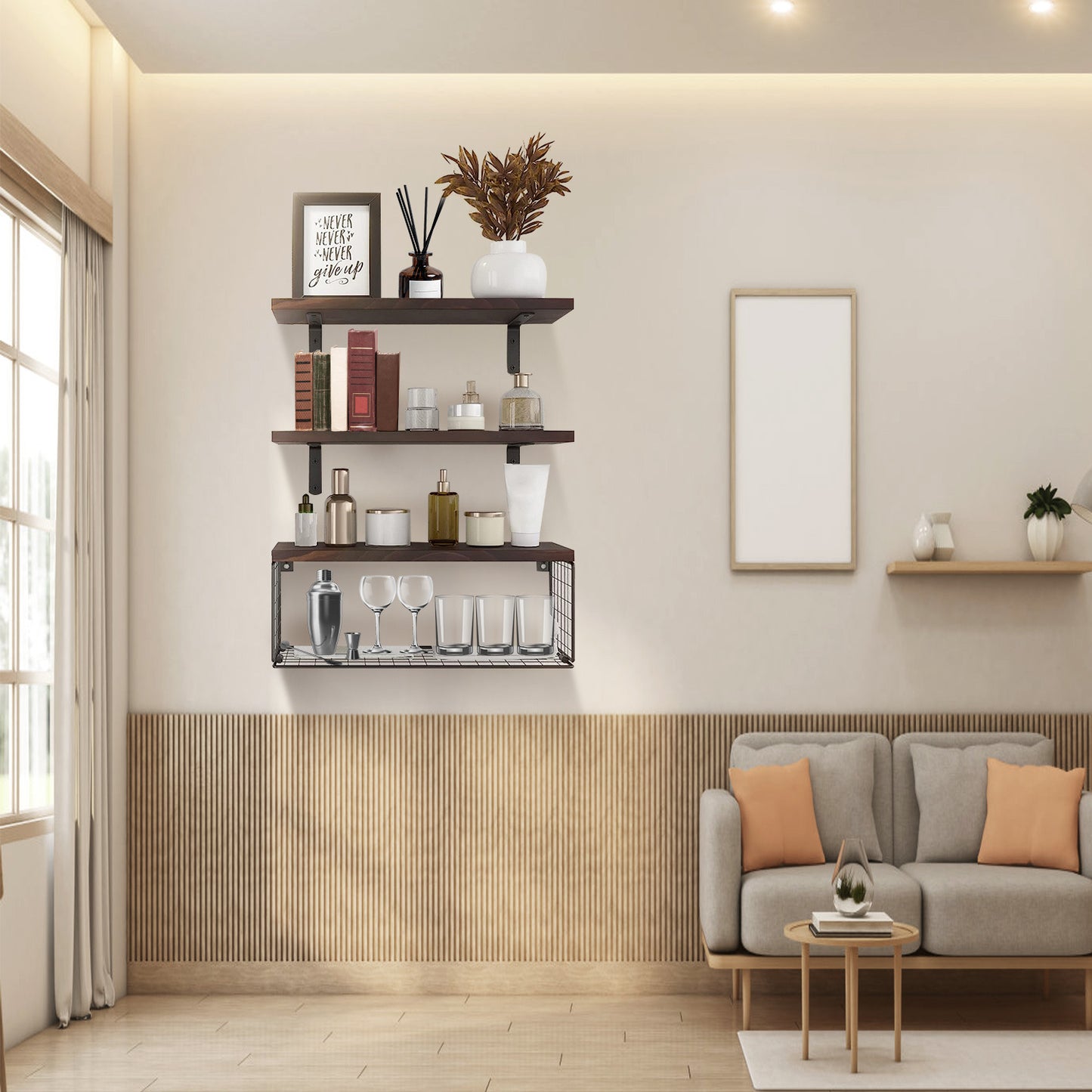 2 in 1 Floating Wall Shelf with Storage Basket - Wood and Metal Multi - Room Organizer