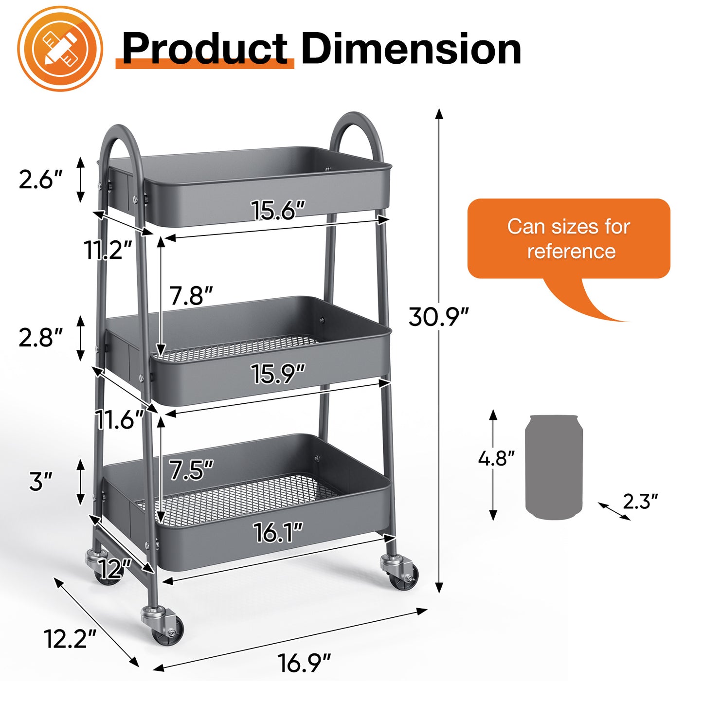 3 - Tier Metal Rolling Cart - Multi - Purpose Storage for Kitchen, Bathroom & Living Room