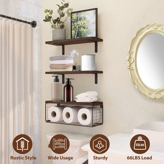 2 in 1 Floating Wall Shelf with Storage Basket - Wood and Metal Multi - Room Organizer