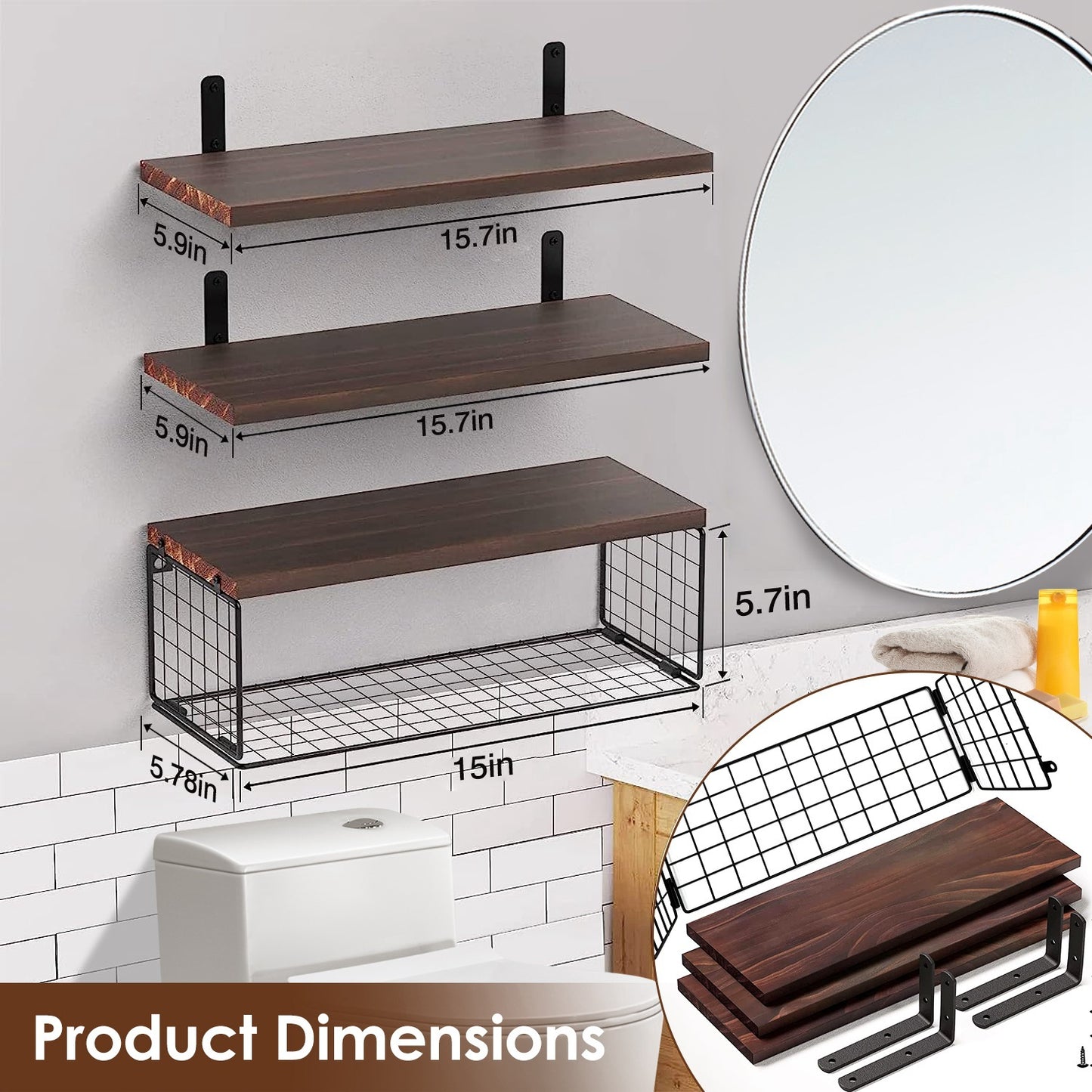 2 in 1 Floating Wall Shelf with Storage Basket - Wood and Metal Multi - Room Organizer