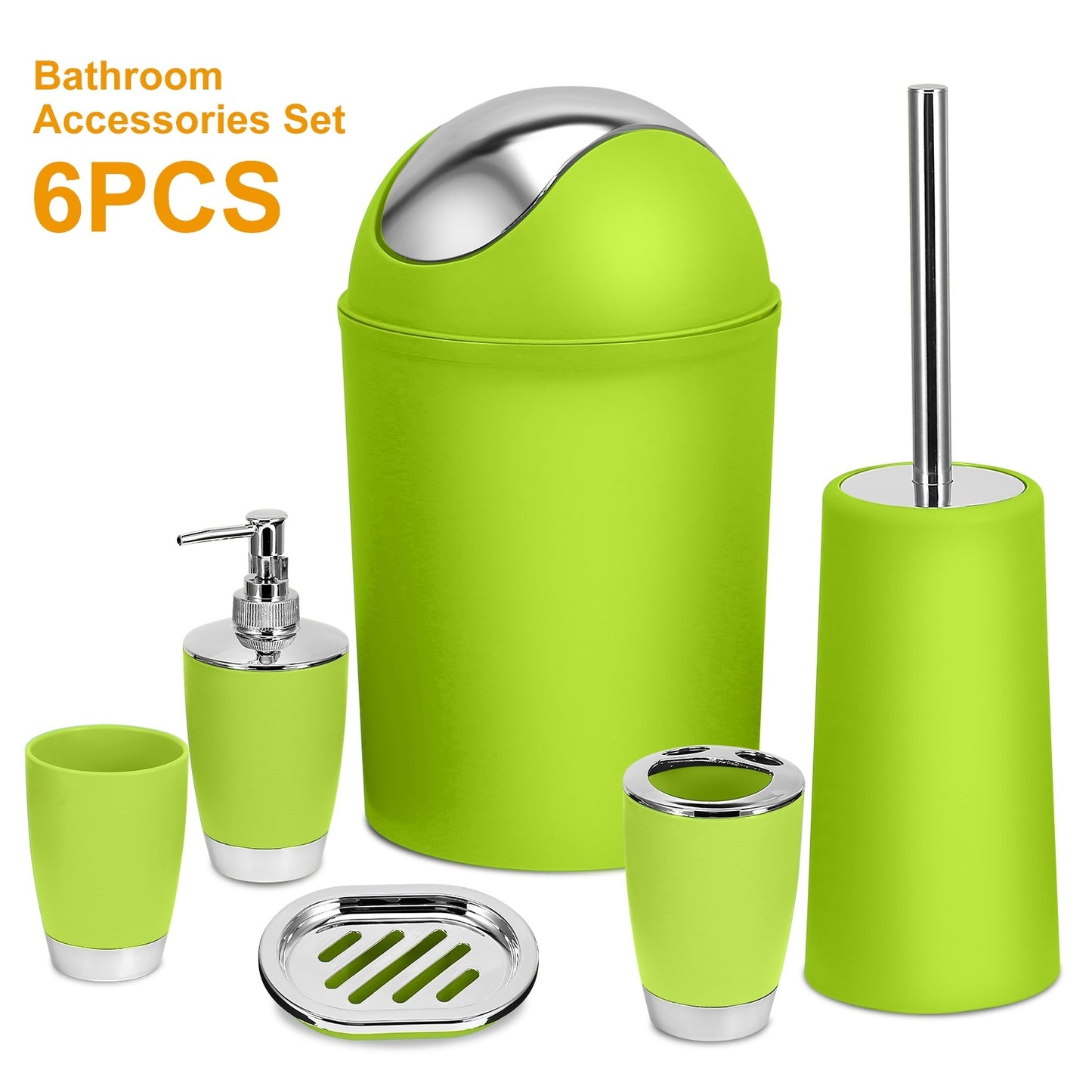 6- Piece Colorful Bathroom Accessory Set. Soap Dispenser, Soap Dish, Toothbrush Holder, Tumbler, Toilet brush & Holder, and Trash Can. Comes in 6 Colors