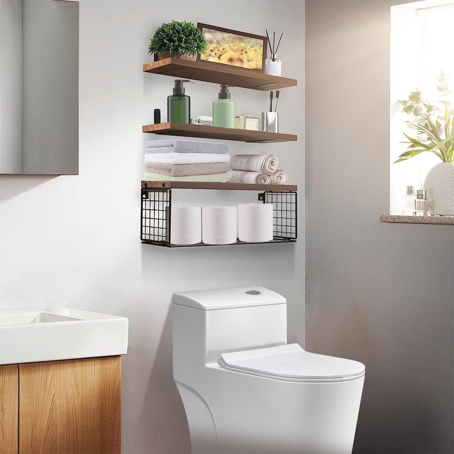 2 in 1 Floating Wall Shelf with Storage Basket - Wood and Metal Multi - Room Organizer