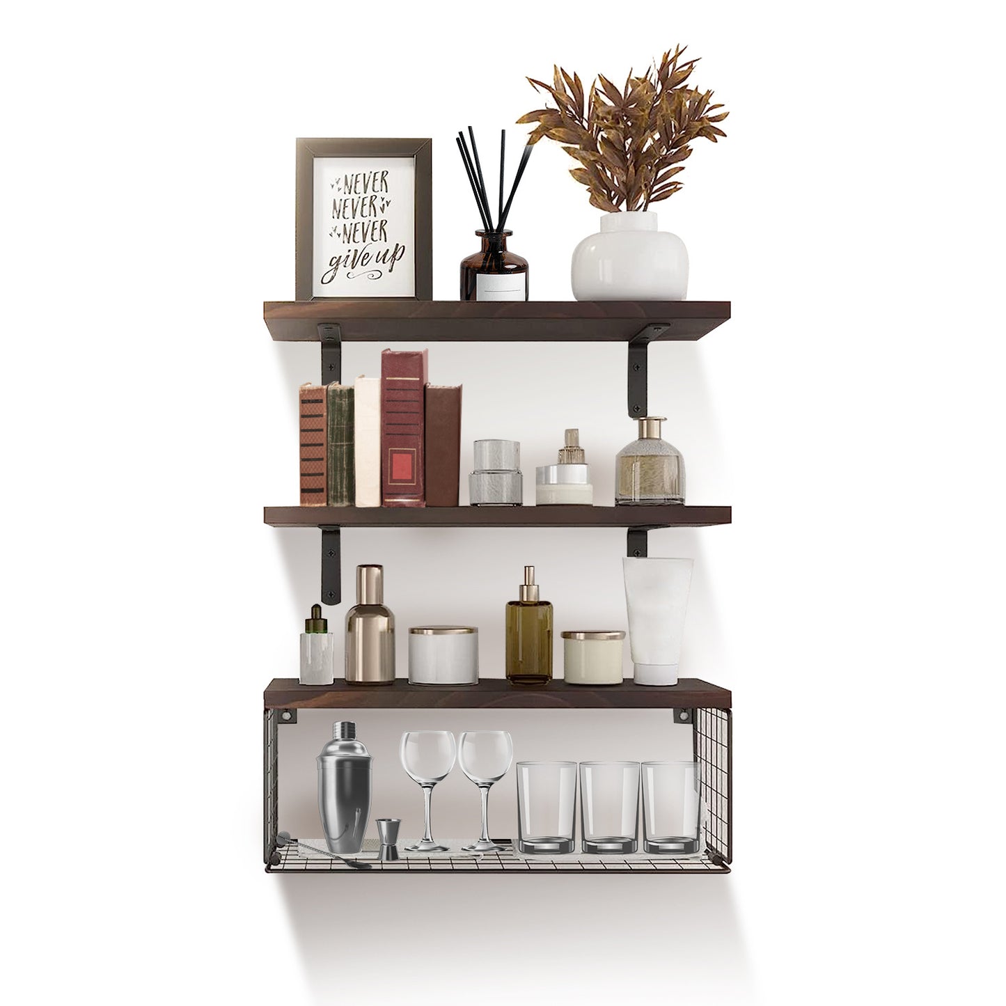 2 in 1 Floating Wall Shelf with Storage Basket - Wood and Metal Multi - Room Organizer
